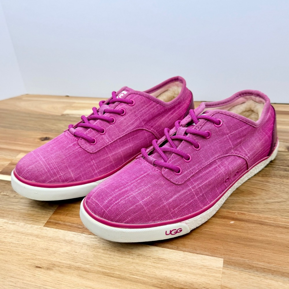 UGG Australia Pink Canvas Sheepskin Lined Sneakers Low Top Lace Up Womens 9.5